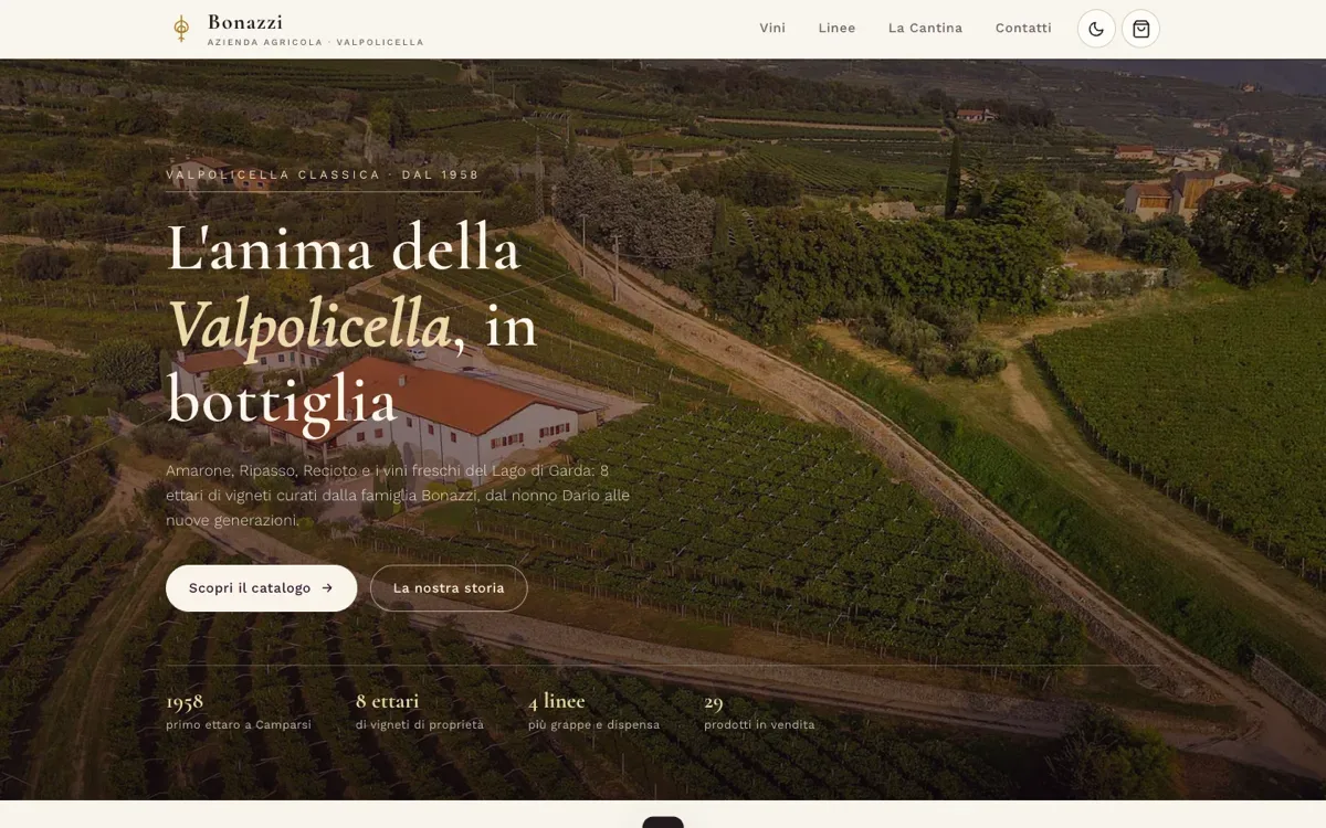 Bonazzi wine shop home page over the Valpolicella vineyards, built on fornace.net
