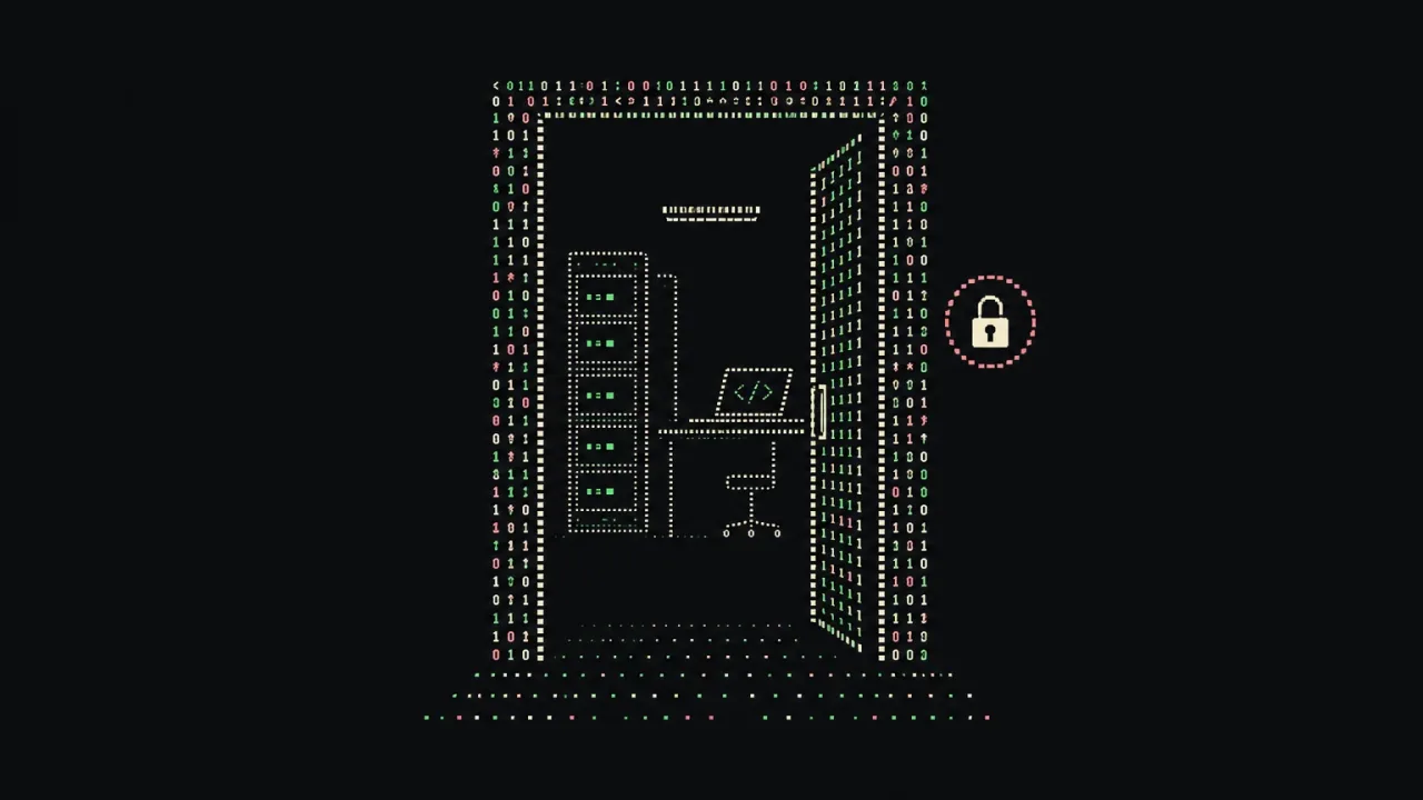 Illustration of a character-built doorway protecting a server and laptop