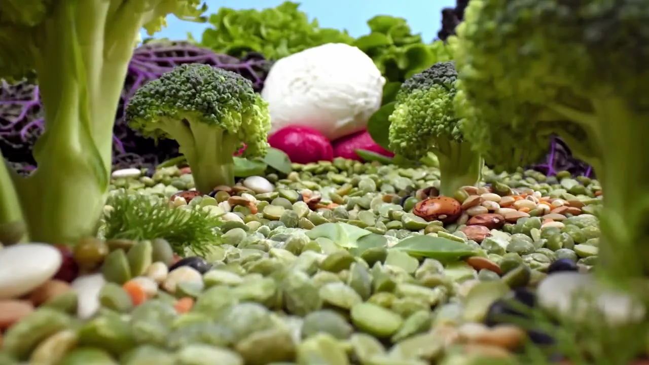 A miniature forest of broccoli, pulses and mozzarella built on set, from a Fornace production