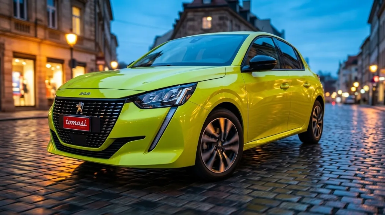 Una Peugeot 208 lime con targa Tomasi, stessa scena
