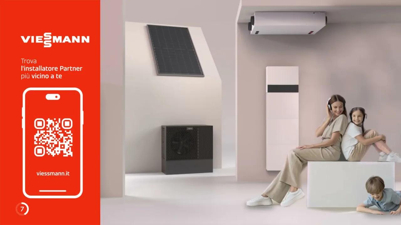 The finished Powered by Viessmann TV spot: a family, solar panel and heating equipment in the composited set